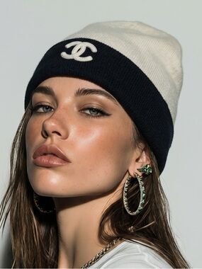 CHANEL Two-Tone CC Logo Beanie - Cream & Black